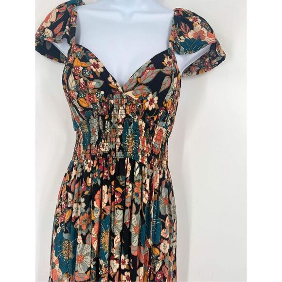 Angie Womens Floral Smocked Lace Up Back Maxi Dress Small boho bohemian - Picture 3 of 9